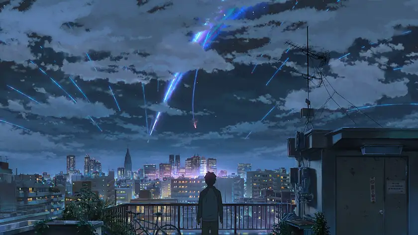 A boy watches a fallen star in the film Your Name