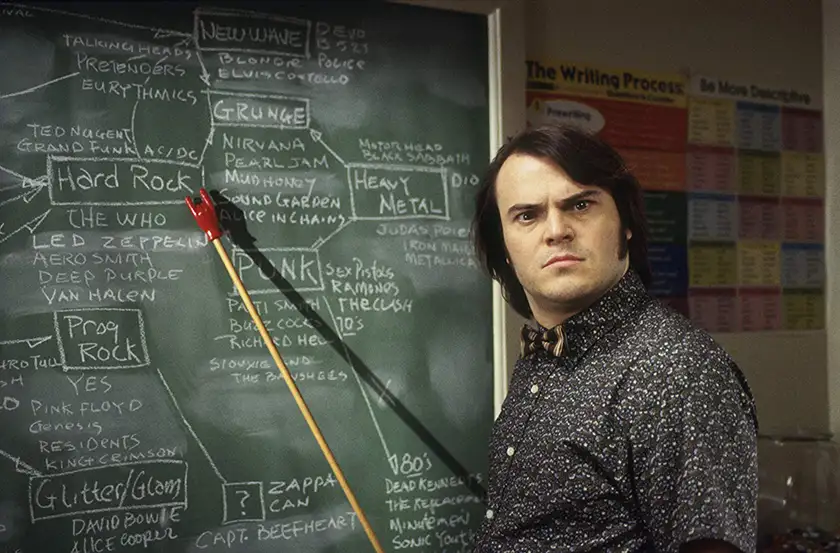 Jack Black Points at a blackboard with a stick in the movie School of Rock