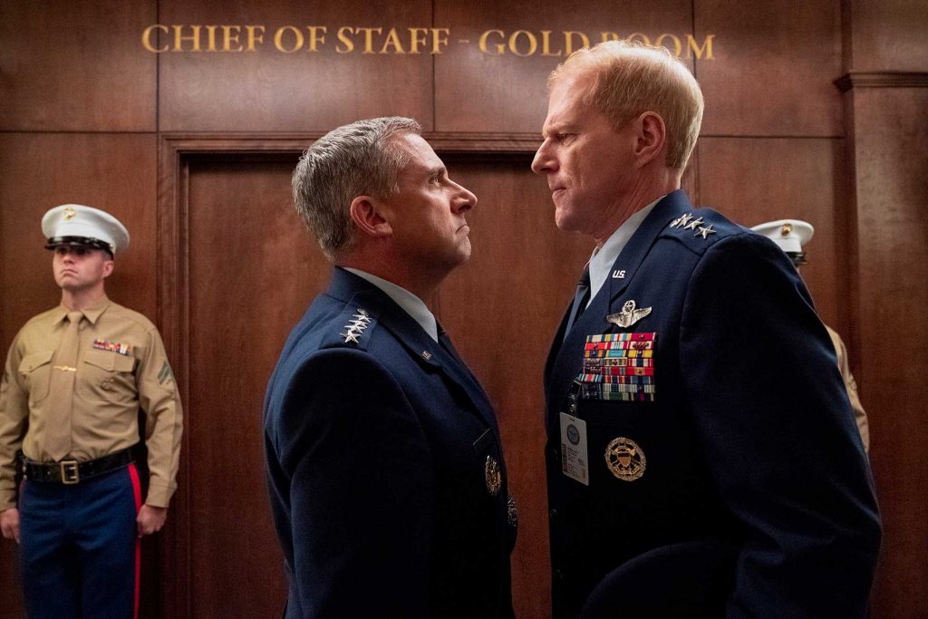 Loud and Clear Reviews SPACE FORCE (L TO R) STEVE CARELL as GENERAL MARK R. NAIRD and NOAH EMMERICH as KICK GRABASTON in episode 103 of SPACE FORCE Cr. AARON EPSTEIN/NETFLIX © 2020