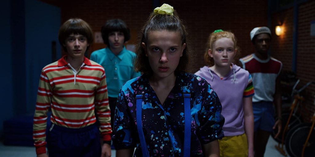 Finn Wolfhard, Caleb McLaughlin, Millie Bobby Brown, Noah Schnapp and Sadie Sink in Stranger Things