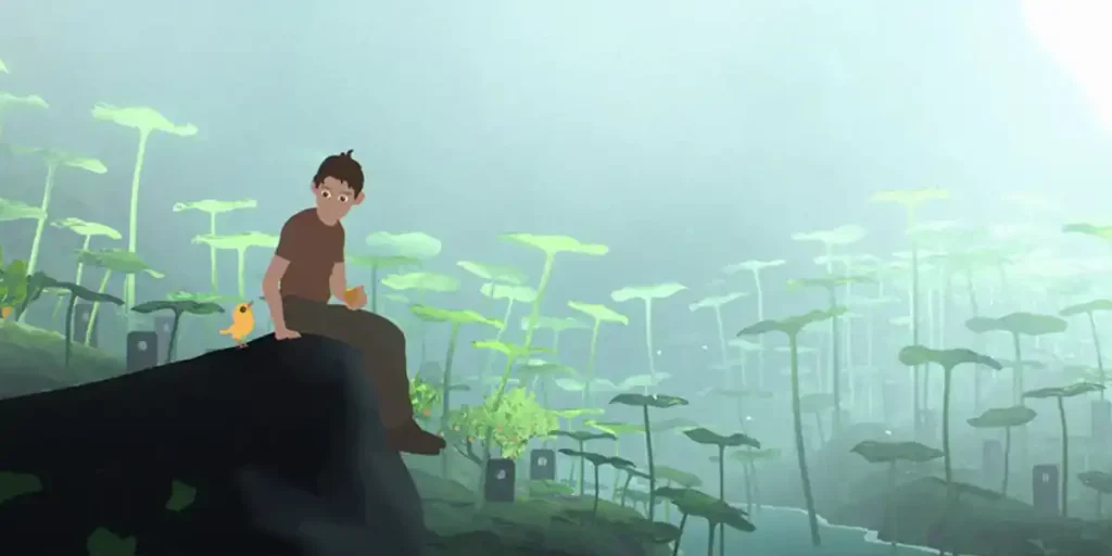 A boy sits in the greenery in a still from Gints Zilbaldolis's animated movie Away