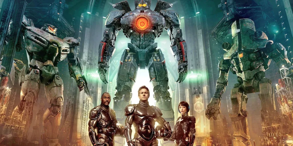 The three protagonist of Pacific Rim stand in front of a machine in the poster for the movie