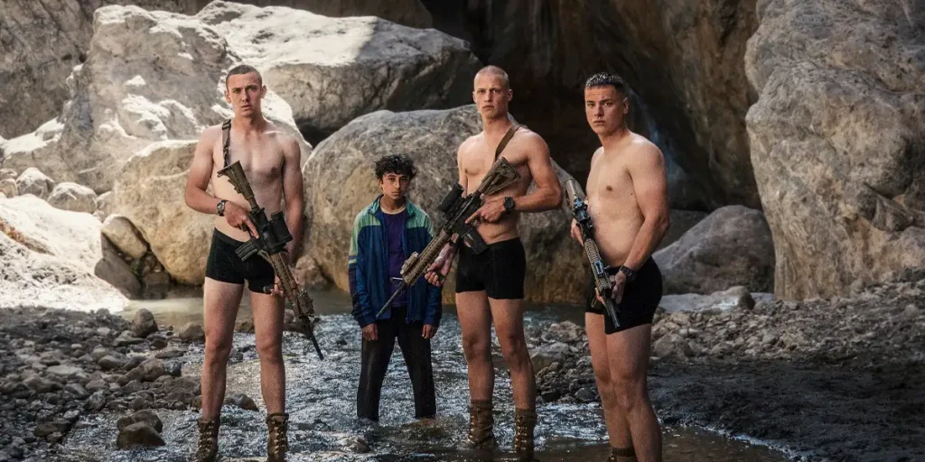 A group of boys stand shirtless with rifles in the film Do Not Hesitate