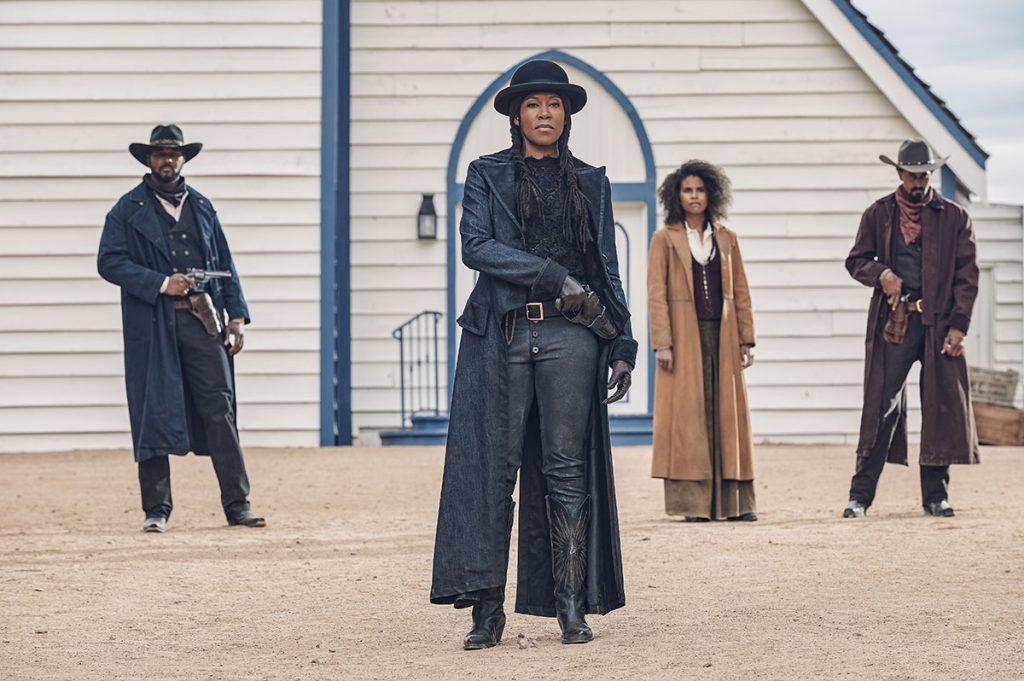 J.T. Holt as Mary's Guard, Regina King as Trudy Smith, Zazie Beetz as Mary Fields, and Justin Clarke as Mary's Guard in The Harder They Fall