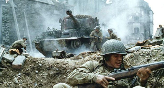 a still from the battlefield in Saving Private Ryan