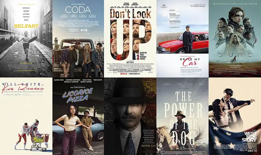 Posters for the 2022 Best Picture Academy Awards nominees, in a still featured on a Loud and Clear Reviews article on why the Oscars are taken too seriously