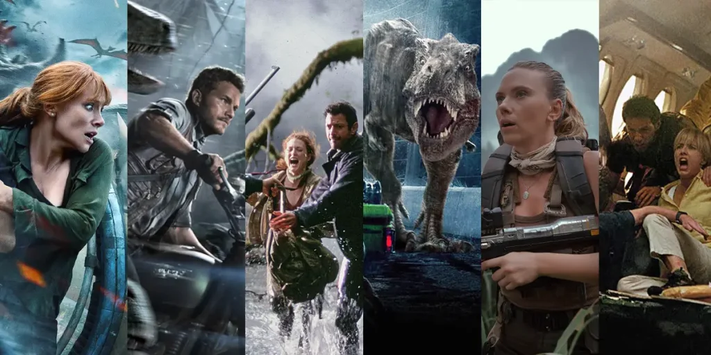 Stills from all 6 Jurassic Park films, ranked from worst to best by Loud And Clear in this article and including Jurassic World Rebirth