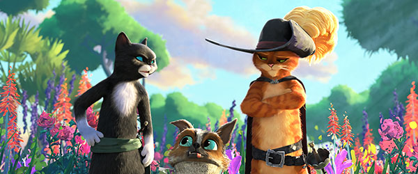 Kitty Soft Paws (Salma Hayek), Perro (Harvey Guillén) and Puss in Boots (Antonio Banderas) in DreamWorks Animation’s Puss in Boots: The Last Wish