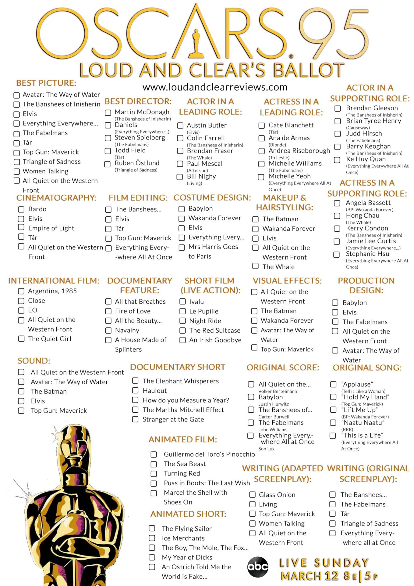 2023 Oscars Download Our Printable Ballot Sheet! Loud And Clear Reviews