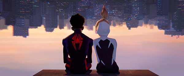 two characters sit on a rooftop upside down in Spider.Man Across the Spider-Verse