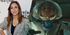 A still of director Gabriela Cowperthwaite and a still of an astronaut from her film I.S.S.