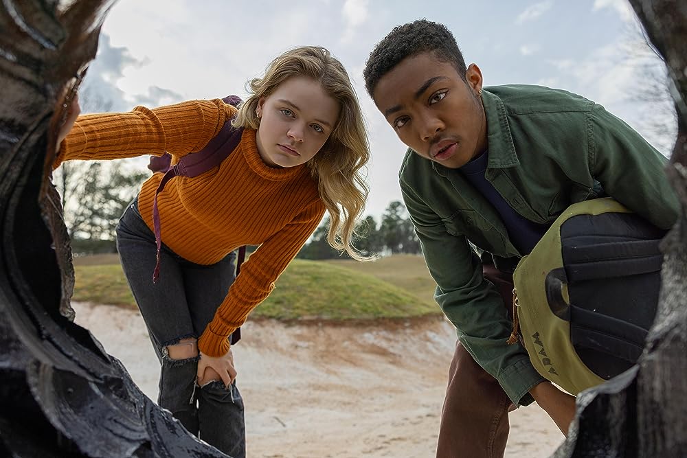 a boy and a girl look at the camersa in the film Landscape With Invisible Hand