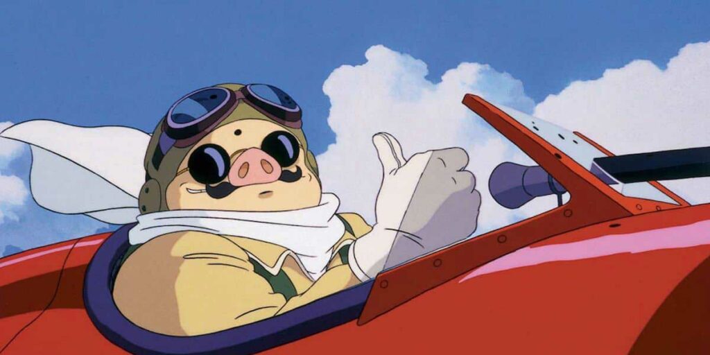 Porco Rosso lifts his thumb up on the plane