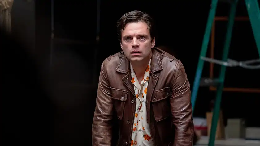 Sebastian Stan looks scared in A Different Man by Aaron Schimberg, reviewed on Loud and Clear Reviews
