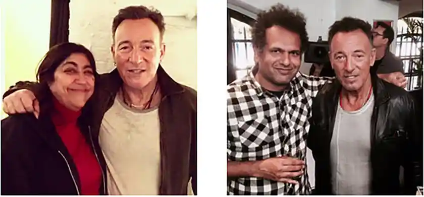  ​Gurinder Chadha (Left/Bend it Networks) and Sarfraz Manzoor (Right/Twitter) with Bruce Springsteen in March 2018