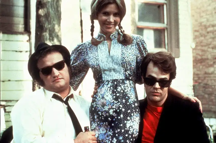 John Belushi, Carrie Fisher and Dan Aykroyd on the set of the blues brothers