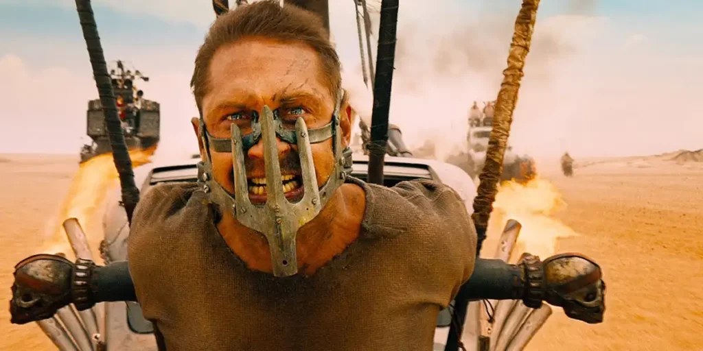 Tom Hady with a face mask in Mad Max: Fury Road