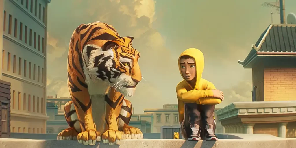 Brandon Soo Hoo as Tom sitting with the tiger in the tiger's apprentice