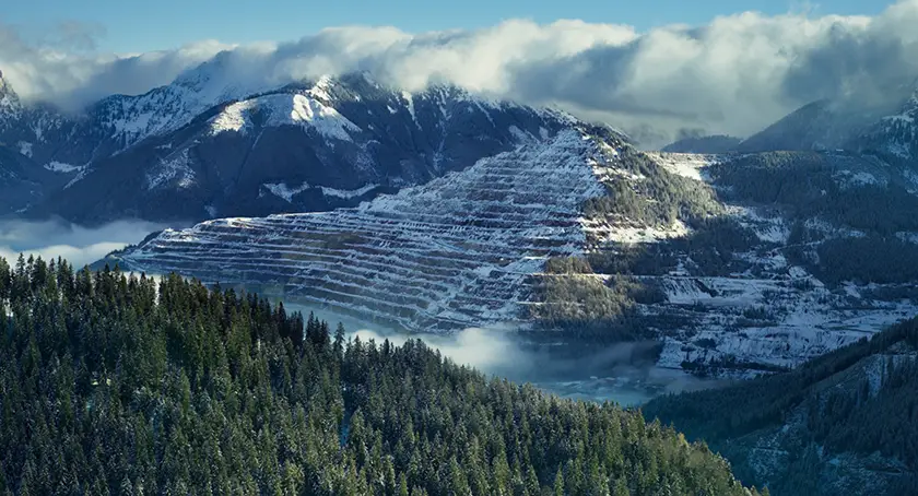 A snowy mountain in a still from the film Architecton by Victor Kossakovsky