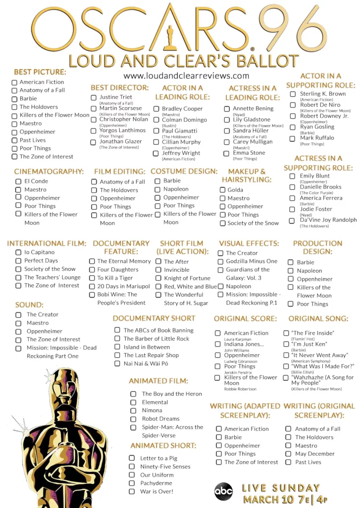 Loud and Clear Reviews' printable ballot sheet for the 2024 Oscars