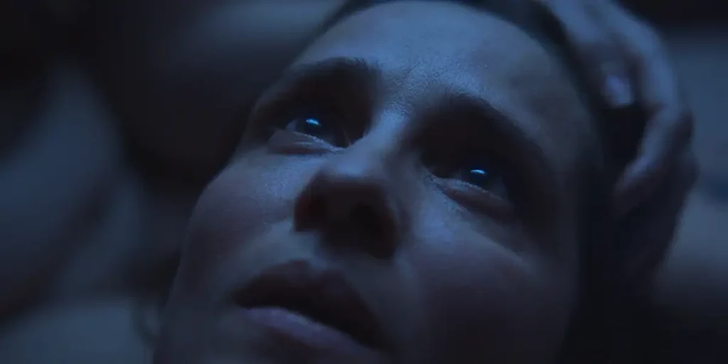 A close shot of a woman's face in the film Arcadia