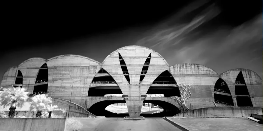 Round shaped buildings in a black and white still from the film Architecton by Victor Kossakovsky