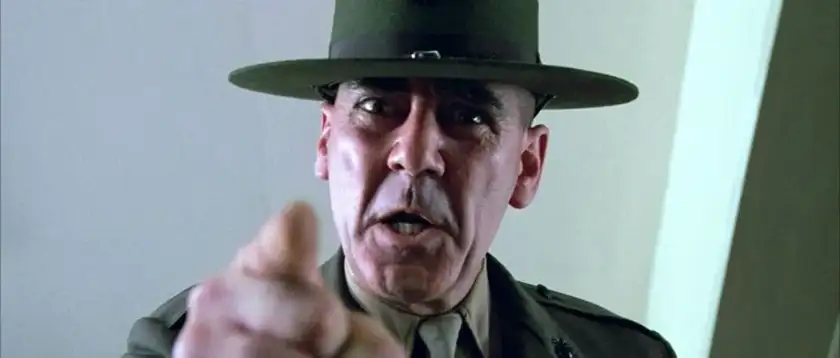 Sergeant Hartman points a finger at the camera in the film Full Metal Jacket
