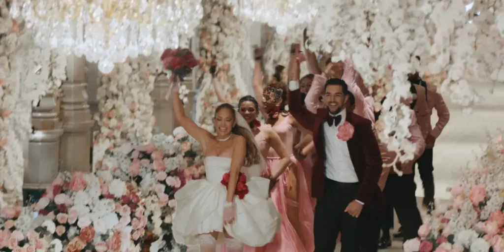 Jennifer Lopez is dressed as a bride and holding a bouquet, running with many people in The Greatest Love Story Never Told