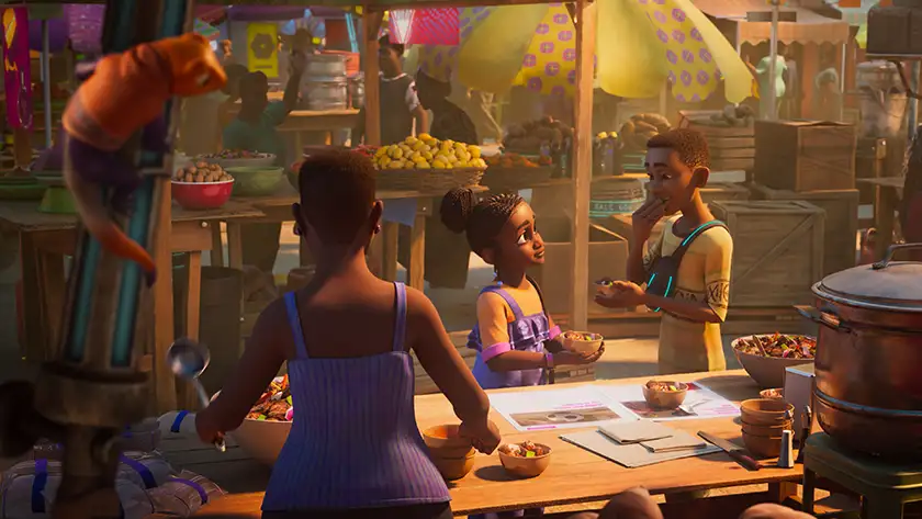 The family is by the table in the Disney+ series Iwájú