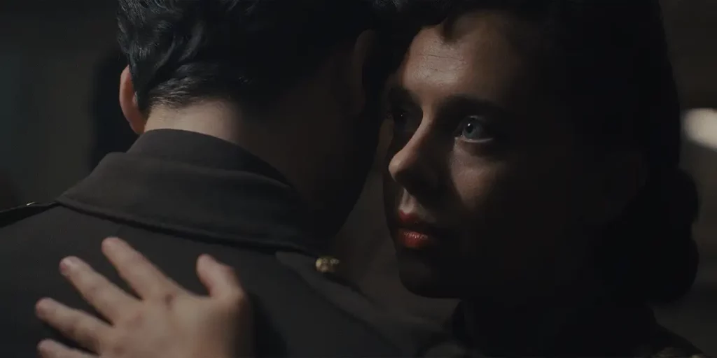 Bel Powley hugs Anthony Boyle in episode 6 of "Masters of the Air,"