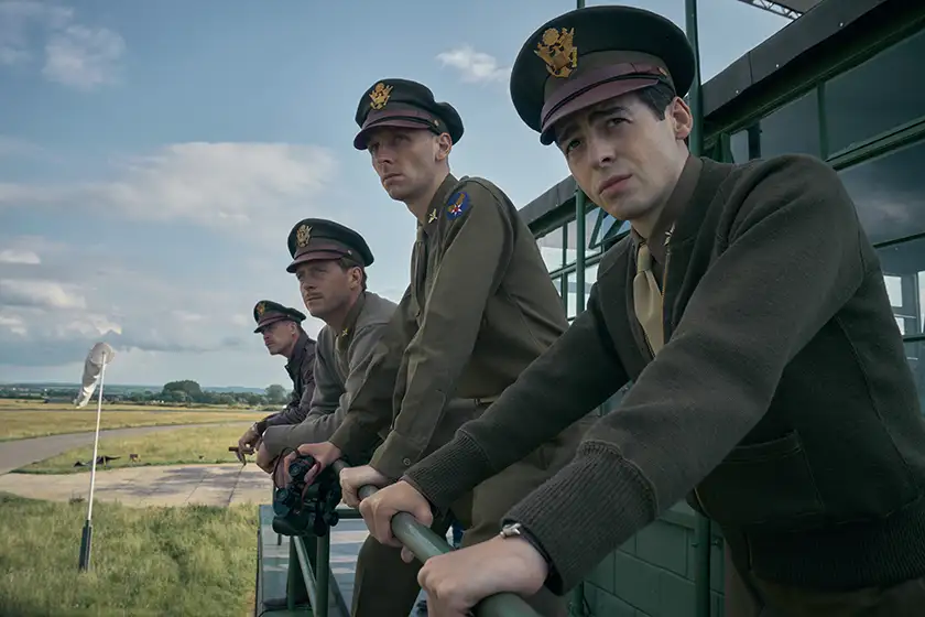 Anthony Boyle, Edward Ashley, Stephen Campbell Moore and James Murray stand guard in episode 5 of Masters of the Air