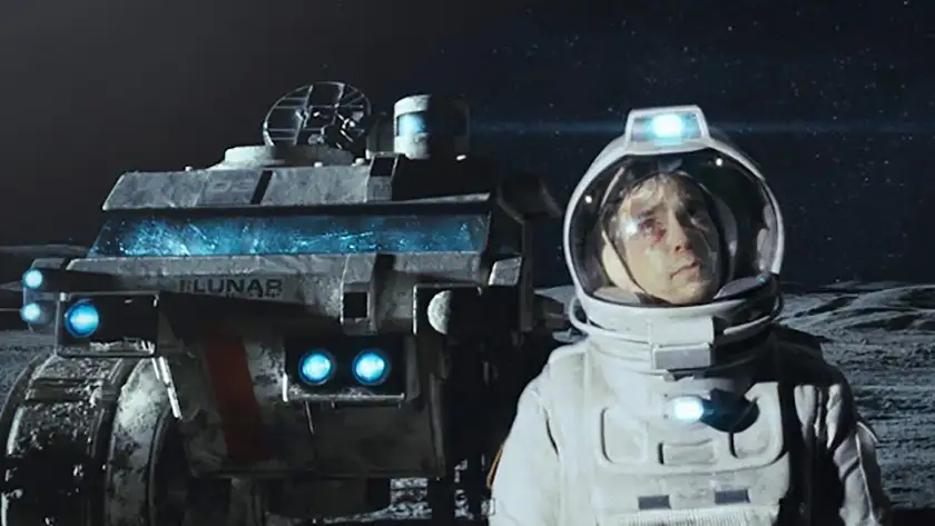 Sam Rockwell is an astronaut next to a satellite in the film Moon