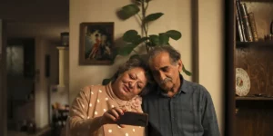 Lily Farhadpour and Esmail Mehrabi take a selfie in the film My Favourite Cake (Keyke Mahboobe Man), screened at the Berlin Film Festival