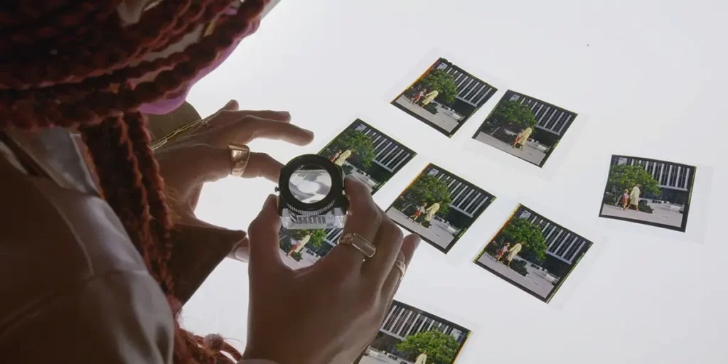 A shot of hands holding a magnifying glass over negative pictures on a white surface in the film Seeking Mavis Beacon