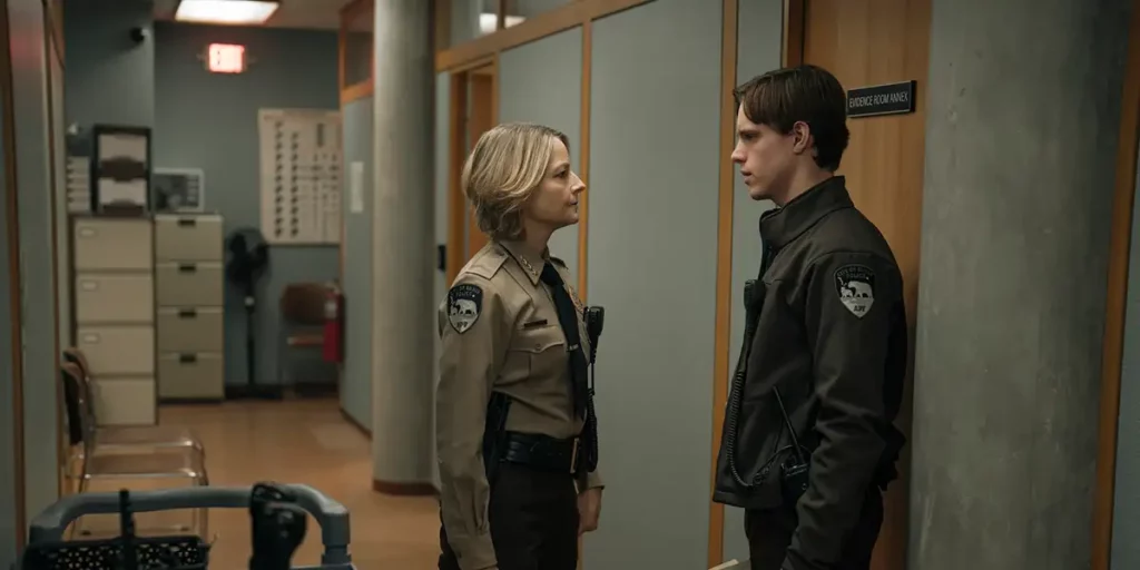 Jodie Foster and Finn Bennet face each other in episode 5 of True Detective Night Country