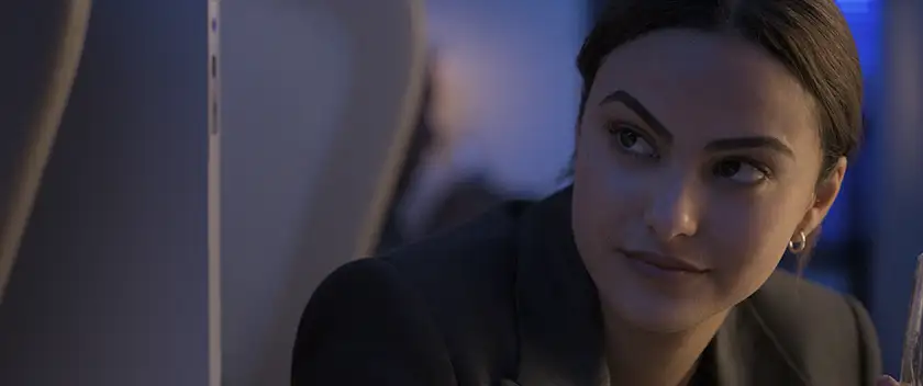 A close up of Ana (Camila Mendes) in Prime Video rom-com Upgraded