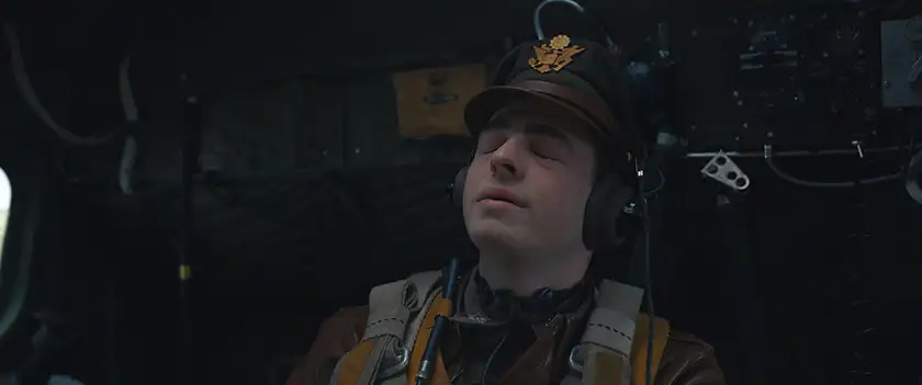 Anthony Boyle sighs in relief with eyes closed in the series finale of Masters of the Air (episode 9)