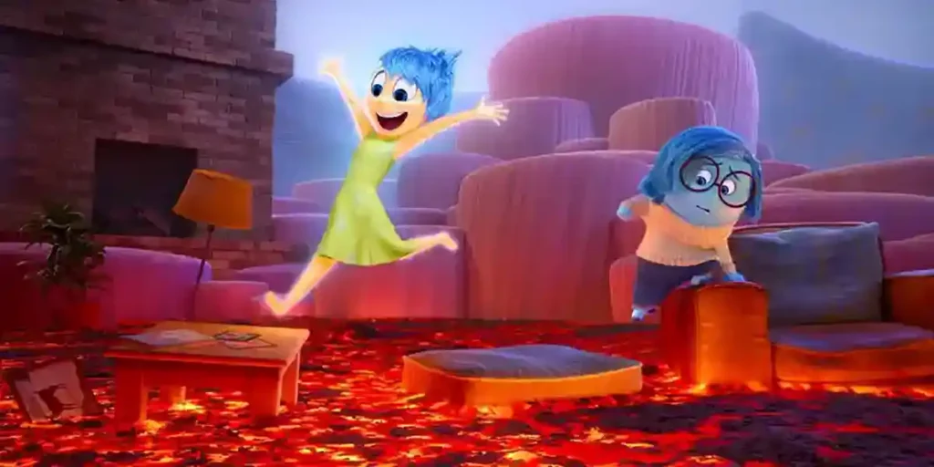 Happiness and sadness jumping on lava in Inside Out