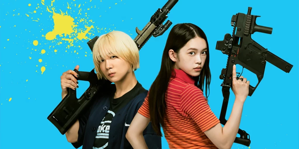 The protagonists of Baby Assassins 2 Babies stand next to each other holding guns in the poster for the movie