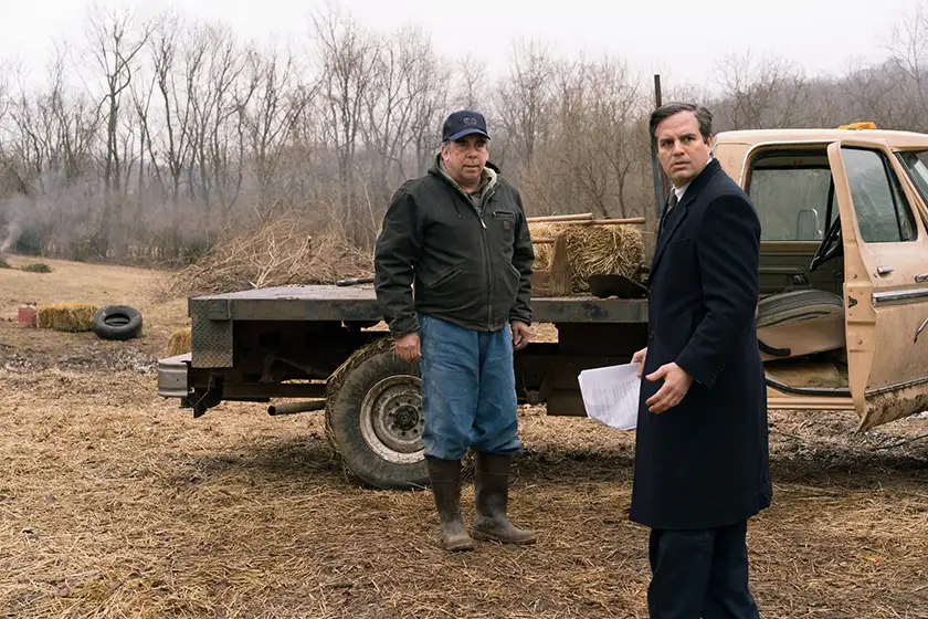 Bill Camp and Mark Ruffalo in front of a truck in the film Dark Waters