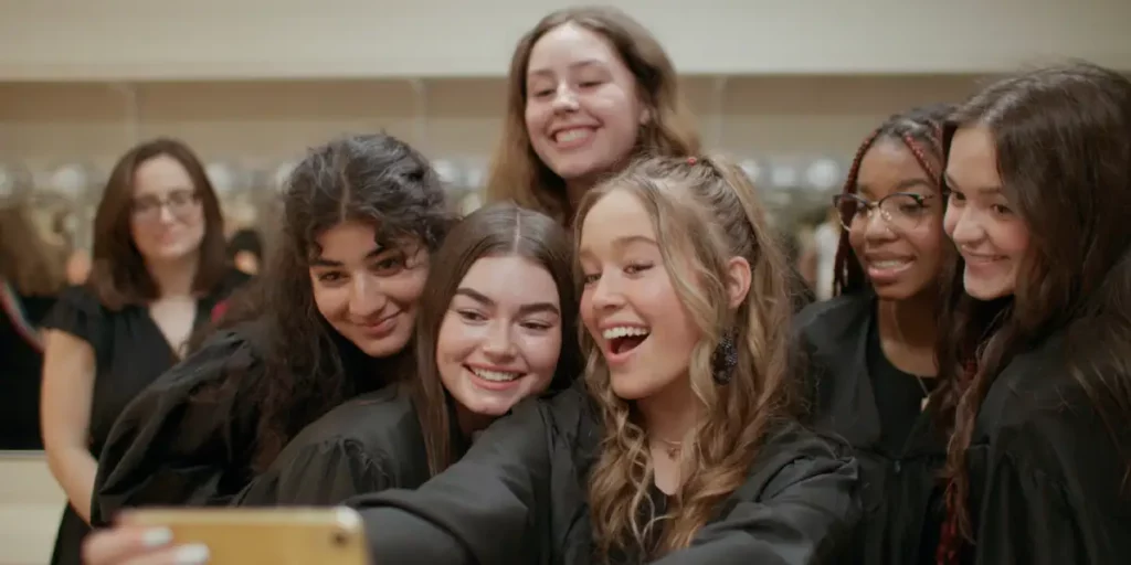 Girls take selfies in the Apple TV+ documentary film Girls State