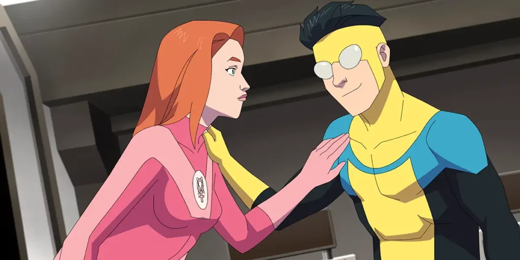 Gillian Jacobs (Atom Eve) and Steven Yeun (Mark Grayson) touch each other's shoulders in season 2 part 2 of invincible
