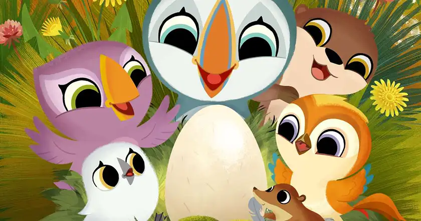 puffins gather around an egg in a still from the film Puffin Rock and the New Friends