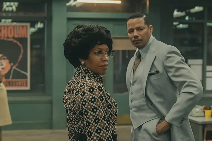 Regina King looks back as Shirley Chisholm with Terrence Howard as Arthur Hardwick Jr. right behind her in the 2024 Netflix film Shirley