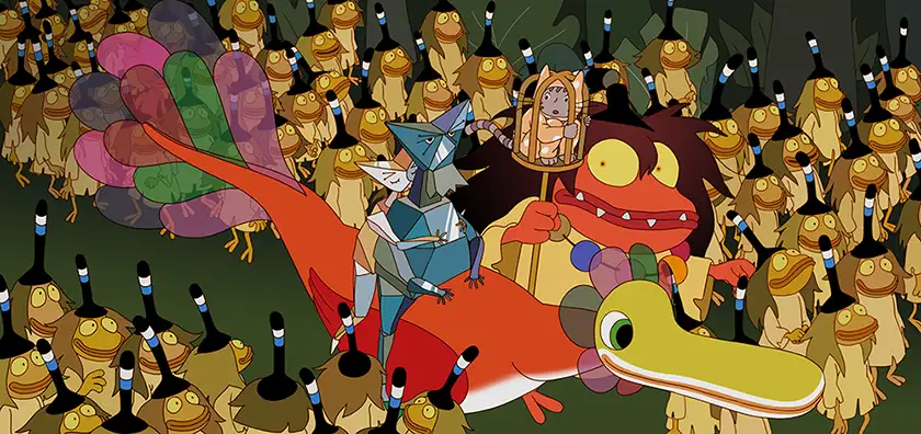 A giant orange animal surrounded by other animals in the film Sirocco and the Kingdom of Winds 