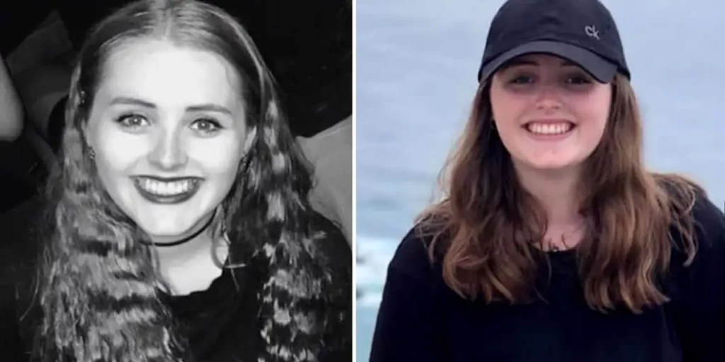 Two photos of Grace Millane at different ages in the documentary film The Lie: The Murder of Grace Millane