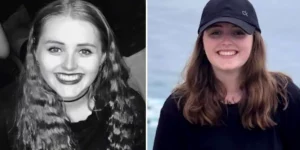 Two photos of Grace Millane at different ages in the documentary film The Lie: The Murder of Grace Millane