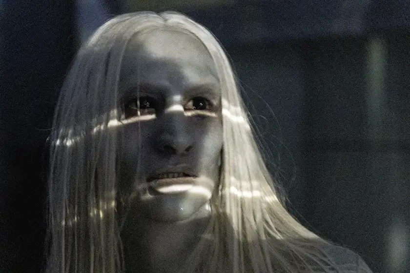 A face of a person with long white hair hit by streaks of light on their face in the horror film All You Need is Death, clearly a reference to Pan's Labyrinth
