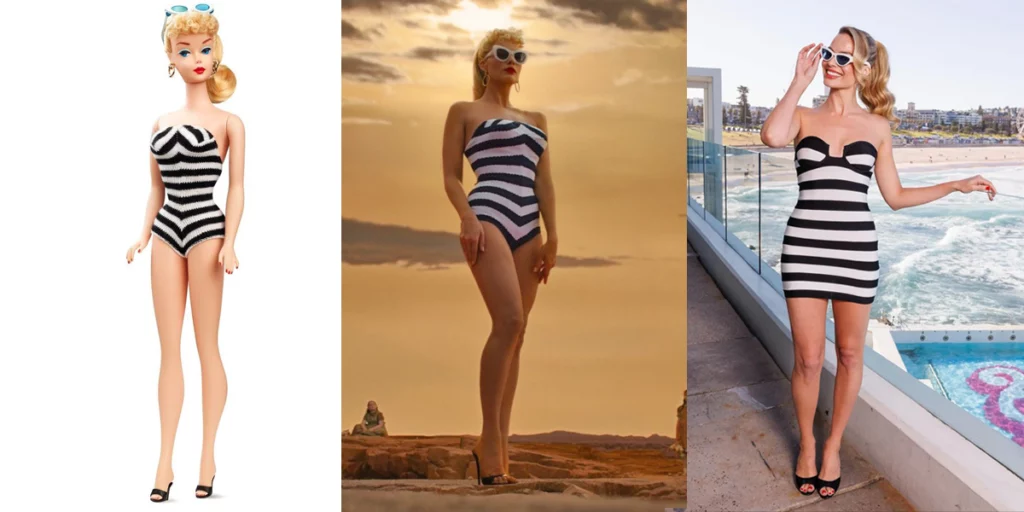 Barbie wears the striped suit, Barbie's Space Odyssey-inspired opening, Margot Robbie recreates the look at an event - an example of How Margot Robbie’s Barbie Costumes Evolve with the Narrative