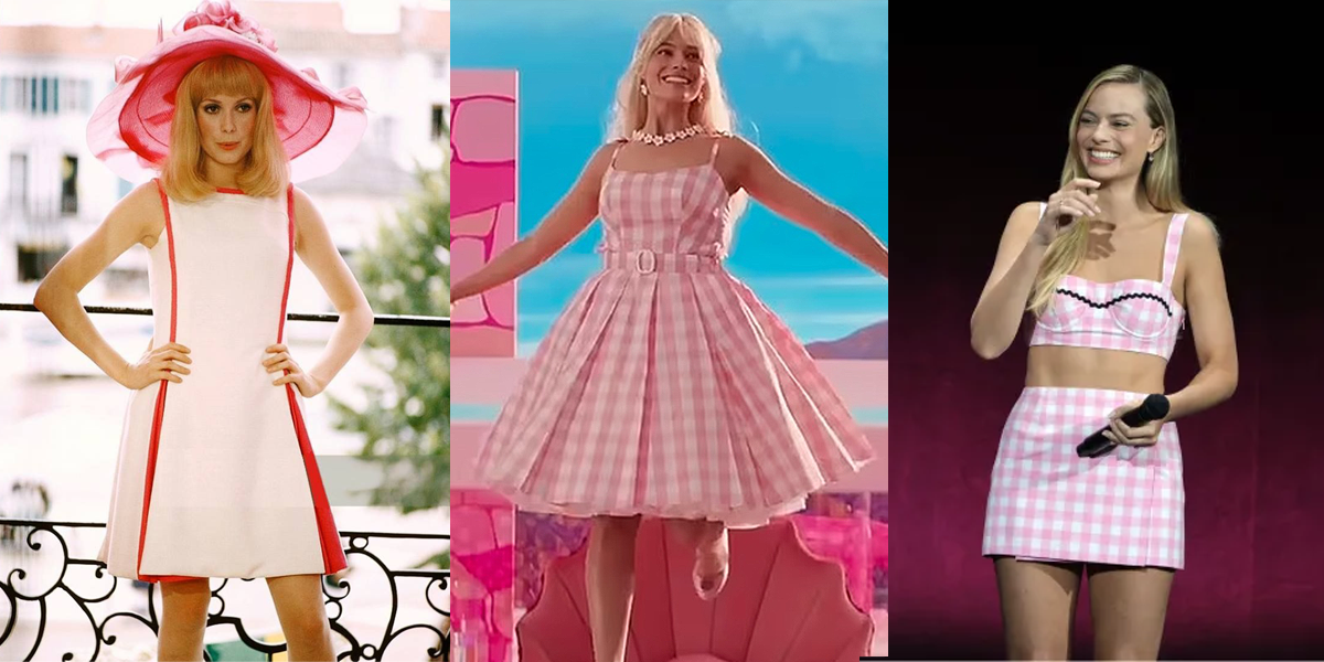 Catherine Deneuve in The Young Girls of Rochefort, Barbie wears the pink gingham midi dress, Margot Robbie recreates the look at CinemaCon